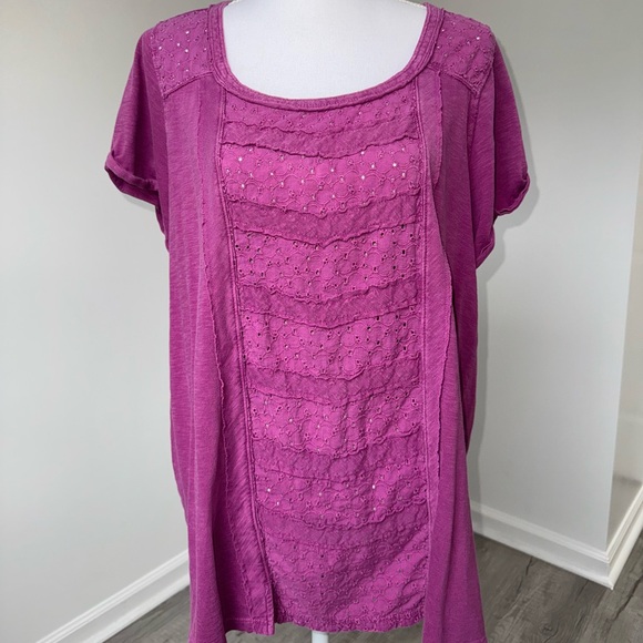Lucky Brand Purple Eyelet Lace Panel Short Sleeve Top Women’s 2X Plus - Picture 1 of 7